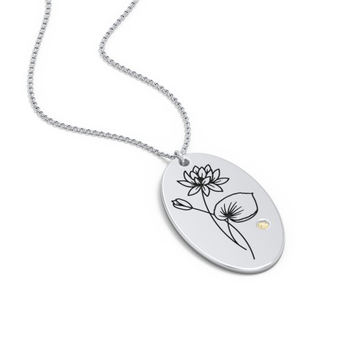 July Birth Flower Disc Necklace with Gemstone – Sterling Silver with Citrine