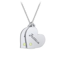 Engravable Hanging 2 Hearts Necklace with Birthstones in 925 Sterling Silver with Peridot