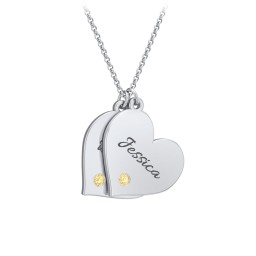 Engravable Hanging 2 Hearts Necklace with Birthstones in 925 Sterling Silver with Citrine