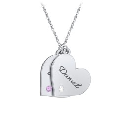 Engravable Hanging 2 Hearts Necklace with Birthstones in 925 Sterling Silver with Amethyst and Cubic Zirconia