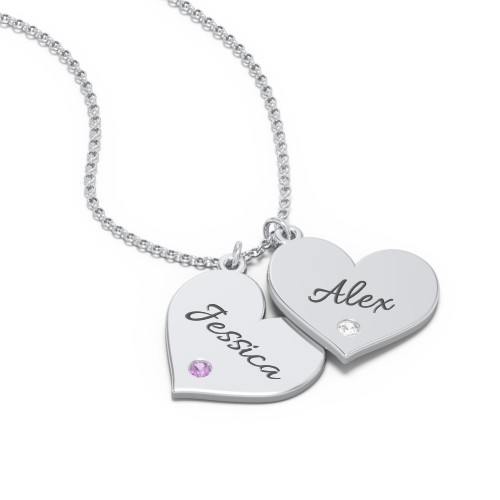 Engravable Hanging 2 Hearts Necklace with Birthstones – Sterling Silver with Amethyst and Cubic Zirconia