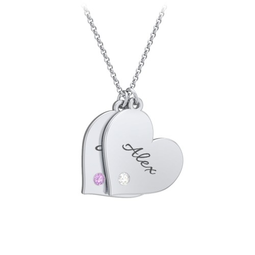 Engravable Hanging 2 Hearts Necklace with Birthstones – Sterling Silver with Amethyst and Cubic Zirconia