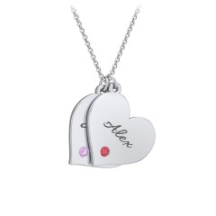 Engravable Hanging 2 Hearts Necklace with Birthstones – 10K Yellow Gold with Ruby