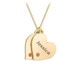 Engravable Hanging 2 Hearts Necklace with Birthstones in 10K Solid Yellow Gold with Garnet