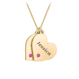 Engravable Hanging 2 Hearts Necklace with Birthstones in 10K Solid Yellow Gold with Ruby