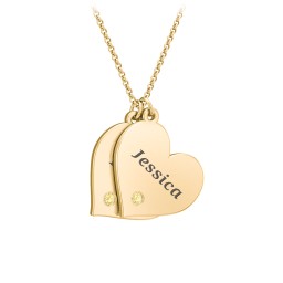 Engravable Hanging 2 Hearts Necklace with Birthstones in 10K Solid Yellow Gold with Citrine