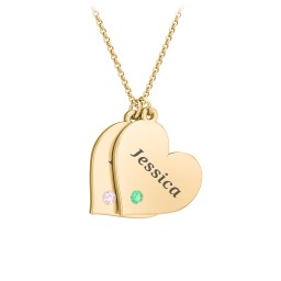 Engravable Hanging 2 Hearts Necklace with Birthstones in 10K Solid Yellow Gold with Pink Tourmaline and Emerald
