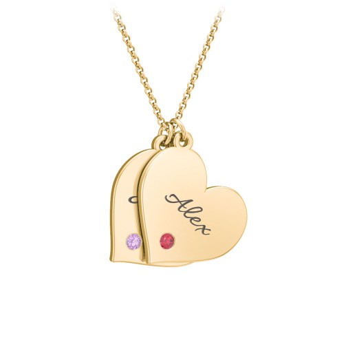 Engravable Hanging 2 Hearts Necklace with Birthstones – 10K Yellow Gold with Amethyst and Garnet