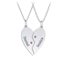 Engravable Split Heart Couples Necklace Set with Birthstones