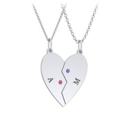 Engravable Split Heart Couples Necklace Set with Birthstones