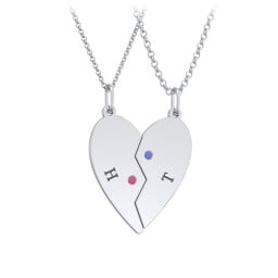 Engravable Split Heart Couples Necklace Set with Birthstones