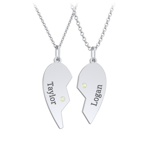 Engravable Split Heart Couples Necklace Set with Birthstones – Sterling Silver with Peridot