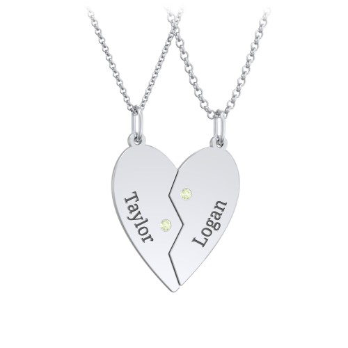 Engravable Split Heart Couples Necklace Set with Birthstones – Sterling Silver with Peridot