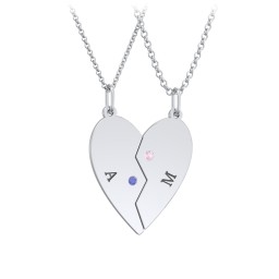 Engravable Split Heart Couples Necklace Set with Birthstones in 925 Sterling Silver with Blue Sapphire and Pink Tourmaline