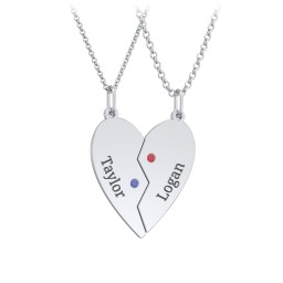 Engravable Split Heart Couples Necklace Set with Birthstones in 925 Sterling Silver with Blue Sapphire and Garnet