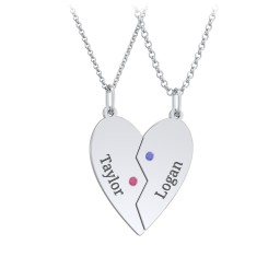 Engravable Split Heart Couples Necklace Set with Birthstones in 925 Sterling Silver with Ruby and Blue Sapphire