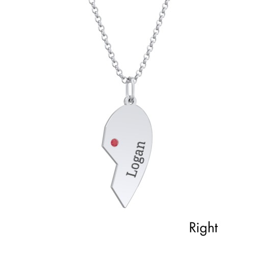 Engravable Split Heart Couples Necklace Set with Birthstones – Sterling Silver with Blue Sapphire and Garnet