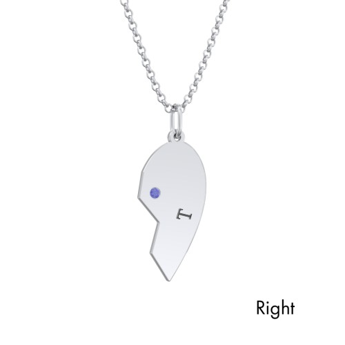 Engravable Split Heart Couples Necklace Set with Birthstones – Sterling Silver with Ruby and Blue Sapphire