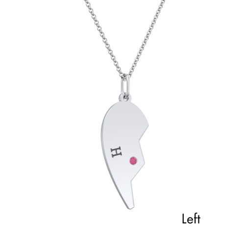 Engravable Split Heart Couples Necklace Set with Birthstones – Sterling Silver with Ruby and Blue Sapphire
