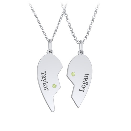 Engravable Split Heart Couples Necklace Set with Birthstones – Sterling Silver with Peridot