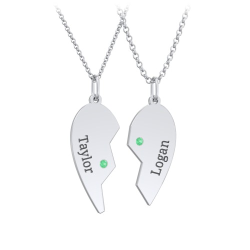 Engravable Split Heart Couples Necklace Set with Birthstones – Sterling Silver with Emerald