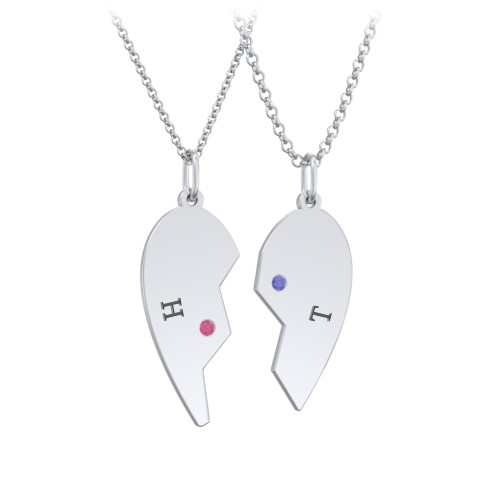 Engravable Split Heart Couples Necklace Set with Birthstones – Sterling Silver with Ruby and Blue Sapphire