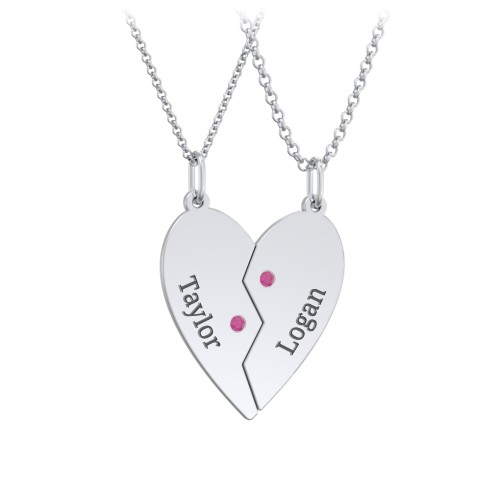 Engravable Split Heart Couples Necklace Set with Birthstones – Sterling Silver with Ruby
