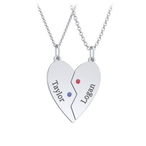 Engravable Split Heart Couples Necklace Set with Birthstones – Sterling Silver with Blue Sapphire and Garnet