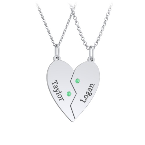 Engravable Split Heart Couples Necklace Set with Birthstones – Sterling Silver with Emerald