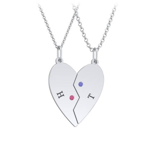 Engravable Split Heart Couples Necklace Set with Birthstones – Sterling Silver with Ruby and Blue Sapphire