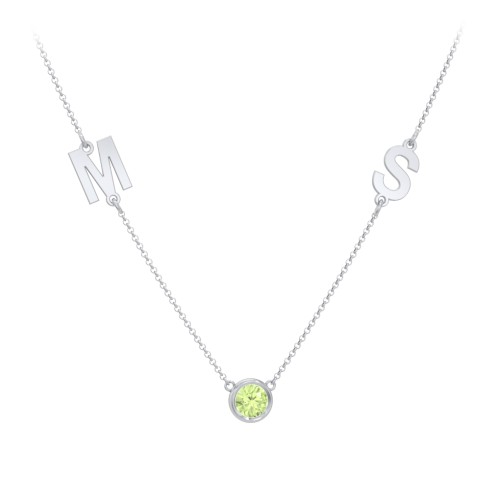 Personalised Initials Necklace with Bezel Set Birthstone – Sterling Silver with Peridot