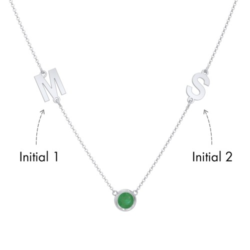 Personalised Initials Necklace with Bezel Set Birthstone – Sterling Silver with Emerald