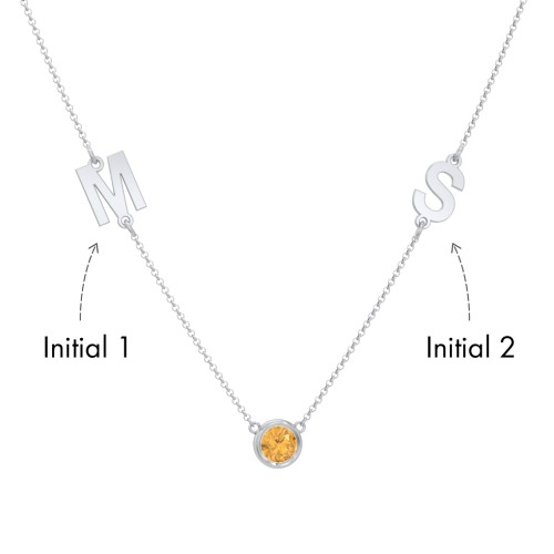 Personalised Initials Necklace with Bezel Set Birthstone – Sterling Silver with Citrine