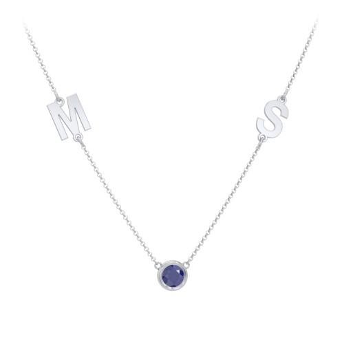 Personalised Initials Necklace with Bezel Set Birthstone – Sterling Silver with Blue Sapphire