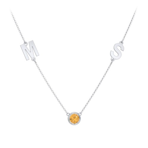 Personalised Initials Necklace with Bezel Set Birthstone – Sterling Silver with Citrine