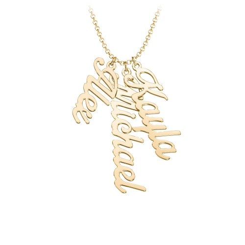 Personalised Vertical 3 Names Necklace in Glamorous Font – 10K Yellow Gold