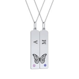 Engravable Butterfly Bar Necklace Set with Birthstones