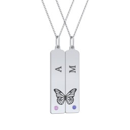 Engravable Butterfly Bar Necklace Set with Birthstones in 925 Sterling Silver