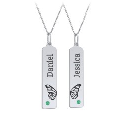 Engravable Butterfly Bar Necklace Set with Birthstones in 925 Sterling Silver with Emerald