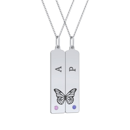 Engravable Butterfly Bar Necklace Set with Birthstones – Sterling Silver with Amethyst and Blue Sapphire