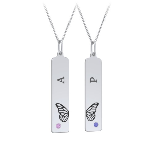 Engravable Butterfly Bar Necklace Set with Birthstones – Sterling Silver with Amethyst and Blue Sapphire