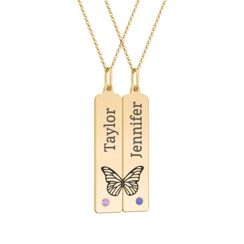 Engravable Butterfly Bar Necklace Set with Birthstones – 10K Yellow Gold with Amethyst and Blue Sapphire