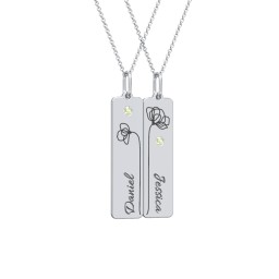 Engravable Floral Bar Necklace Set with Birthstones in 925 Sterling Silver with Peridot