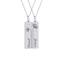Engravable Floral Bar Necklace Set with Birthstones in 925 Sterling Silver with Pink Tourmaline
