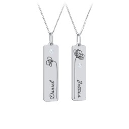 Engravable Floral Bar Necklace Set with Birthstones in 925 Sterling Silver with Aquamarine