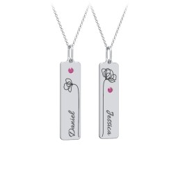 Engravable Floral Bar Necklace Set with Birthstones in 925 Sterling Silver with Ruby