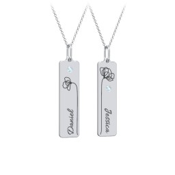 Engravable Floral Bar Necklace Set with Birthstones in 925 Sterling Silver with Blue Topaz