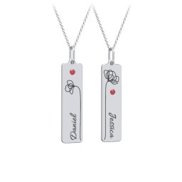 Engravable Floral Bar Necklace Set with Birthstones in 925 Sterling Silver with Garnet
