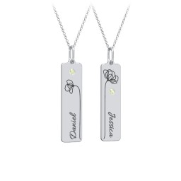 Engravable Floral Bar Necklace Set with Birthstones in 925 Sterling Silver with Peridot