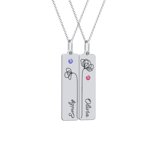 Engravable Floral Bar Necklace Set with Birthstones – Sterling Silver with Blue Sapphire and Ruby